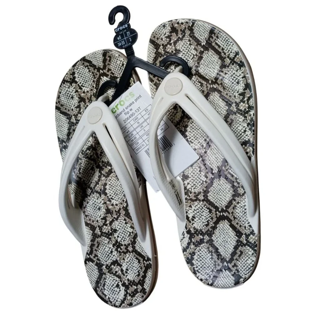 Crocs Crocband Snake Print Women's Flip-Flop Oyster/Mushroom Relax Fit Size 5 - Picture 2 of 16